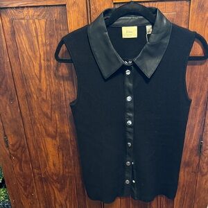 Elie Tahari Black Sleeveless Button Down with Leather Collar